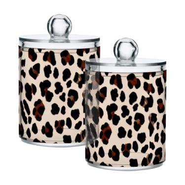 Imagem de Qilmy Qtip Suporte de boticário de plástico transparente com estampa de leopardo bege de 400 ml, dispensador de recipiente de banheiro para bola de algodão, cotonete, fio dental, pacote com 2
