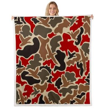 Imagem de Feelyou Cobertor de lã de caça camuflagem vermelha caçador de pato 127 x 152 cm cobertor de pelúcia infantil preto marrom para meninos adolescentes camuflagem exército sherpa cobertor respirável