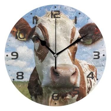Imagem de JUZIHAI Relógio de parede de vaca com estampa marrom branco silencioso, sem tique-taque, relógios de parede redondos operados por bateria, fácil de ler, relógio decorativo de parede para casa, cozinha