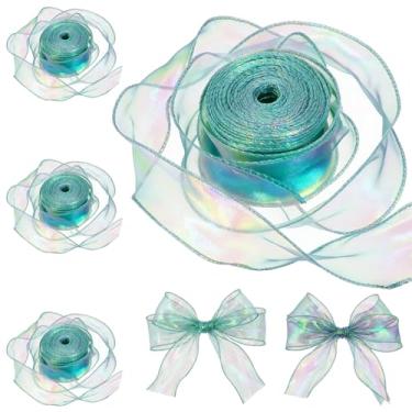 Imagem de Fita iridescente verde transparente 4 cm de largura x 10 jardas x 4 peças fitas de organza fitas decorativas de chiffon para embrulho de presente, buquês florais, decorações de festa de casamento