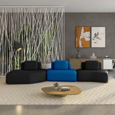 Imagem de Sofá Ilha Sala de Estar Dakota 3 Módulos 484cm Encostos Almofadas Soltas Veludo Preto/Azul G33 - Gran Belo