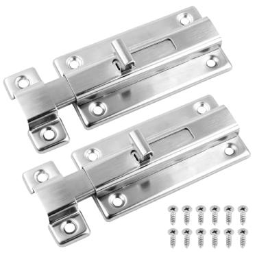 Imagem de 2 travas de parafuso de barril de 10 cm, fechadura de porta deslizante de aço inoxidável, trava de porta de banheiro com 12 parafusos, trava deslizante para portas internas, armário, cerca de janela