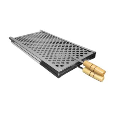 Imagem de Grelha Churrasqueira，Material de AçO，DobradiçA de Camada Dupla，FáCil de Limpar，Com Cabo de Madeira，Multifuncional e DuráVel，Adequado para Peixe e MacarrãO(G 47x35)