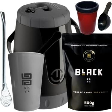 Imagem de BLACK ERVA, Kit Tereré Black Erva Mate 500g Garrafa Pávia Lisa 2,5L Copo Acrílico Cinza Bomba de Ferro Cromada (PURA FOLHA)