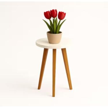 Imagem de Mesa de Apoio Redonda Mesa Lateral de MDF Pés Palito Madeira Mesinha Tripe Laterais Para Decorar