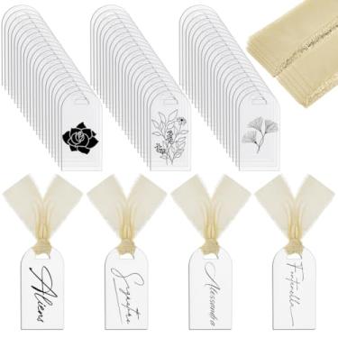 Imagem de GOMAKERER 70 cartões de acrílico para lugares, cartões de visita retangulares transparentes de 9 x 4 cm, etiquetas para pendurar em branco, faça você mesmo, com fita para casamento, Natal, aniversário
