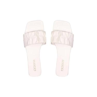Imagem de GORGLITTER Sandália feminina franzida de bico quadrado elegante casual férias praia couro slide sandália moderna 2026, Branco, 37 BR