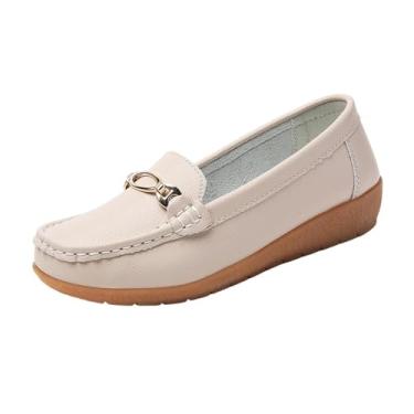 Imagem de Sapatilha feminina moderna casual primavera verão confortável cor sólida fivela de metal bico redondo fechado um pé, Bege, 35