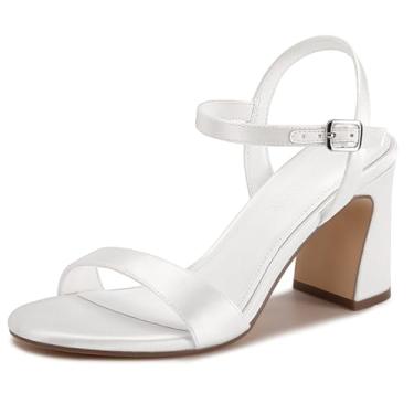 Imagem de XMWEALTHY Sandália feminina de salto alto grosso, 7,5 cm, confortável, bico aberto, para noivas, casamento, tira no tornozelo, vestido de festa, salto alto, Cetim branco, 37