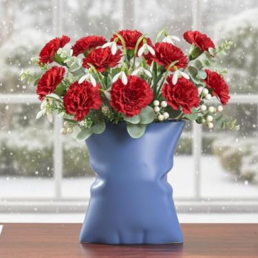 Imagem de Vaso de cerâmica azul, vaso decorativo moderno em forma de travesseiro para flores frescas e falsas, design curvo exclusivo para sala de estar, quarto, escritório, presente de decoração de casa