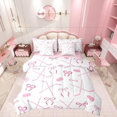 Imagem de Conjunto de edredom de hóquei no gelo, 7 peças, lindo conjunto de cama com laço de princesa para crianças, meninas, gravata borboleta rosa estampada em uma bolsa com edredom, lençóis e fronhas
