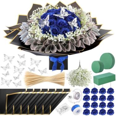 Imagem de Marspark Kit de buquê de dinheiro para o dia dos namorados, presente incluído, 20 folhas de papel de embrulho de flores, 36 flores falsas, 100 espetos de bambu, 3 blocos de espuma floral para