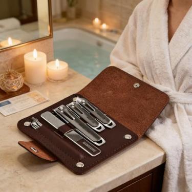 Imagem de Kit profissional de cuidados com as unhas com estojo de couro, kit de manicure e pedicure de aço inoxidável, cortador de unha encravado com lâmina inclinada para unhas grossas (cinza)