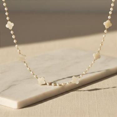 Imagem de Colar de Ouro 18k com Pérolas Naturais e Trevos de Madrepérola - no-br