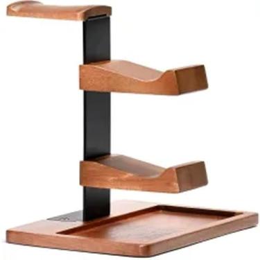 Imagem de Suporte de madeira para fone de ouvido e controle de jogos para organizador de mesa, suporte de fone de ouvido de 2 níveis com base de armazenamento para equipamentos de jogos, acessórios universais