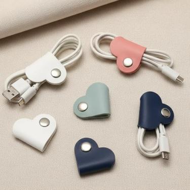 Imagem de 4 peças de tiras de couro para gerenciamento de cabos, laços organizadores de cabos multicoloridos com encaixe de metal, suportes de cabo USB portáteis para mesa e viagens