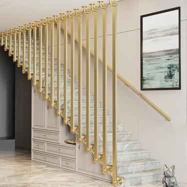 Imagem de Kit de trilhos de parede de ferro forjado para escadas internas, tubo de corrimão antiderrapante para idosos, tubo de trilho de metal dourado com suporte de 3 m, seções 2 7 degraus