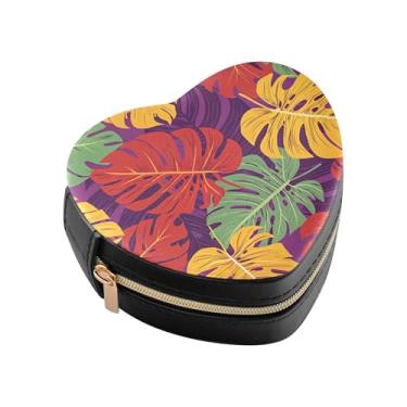 Imagem de Burbuja Caixa de joias em forma de coração com folhas de monstera tropical, mini estojo de viagem para mulheres e meninas, organizador portátil de armazenamento para brincos, anéis, colares e