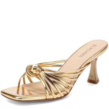 Imagem de SLXCHBSL Salto gatinho com tiras para mulheres, com nó quadrado, bico aberto, sandálias sem cadarço para festas, casamentos, feriados, Dourado, 35
