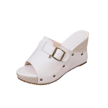 Imagem de Sandálias femininas com fivela para primavera e verão, sapatos casuais com design de palha sem cadarço com salto de 8,5 cm, Branco, 39