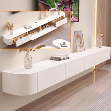 Imagem de Suporte de TV flutuante, console de mídia montado na parede com gavetas de armazenamento, centro de entretenimento moderno para sala de estar e escritório, prateleira de áudio/vídeo. Design elegante e