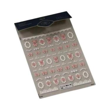 Imagem de Adesivos De Unha 5D Retrô Preto E Branco Com Laço De Renda E Urso Fofo