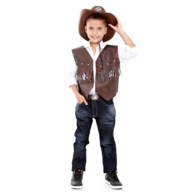 Imagem de Colete Cowboy E Chapeu Infantil Unissex, Country Kit 2 Peças Marrom - 