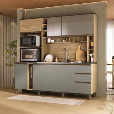 Imagem de Cozinha Compacta 205cm Mdf 1,5cm com Portas de Vidro Érica Amendoa / Acqua