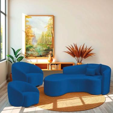 Imagem de Kit Recamier Curvo Sala De Estar Inglaterra 200cm Lado Esquerdo E 2 Poltronas Orgânica Luxo Amore Linho Azul Royal