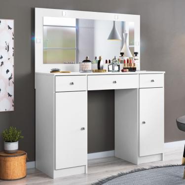 Imagem de Penteadeira Camarim Carisma 3 Gavetas com Espelho LED MDP Branco Brilhante Corrediças Telescópicas