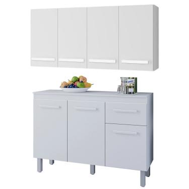 Imagem de Kit de Cozinha Vitoriana 7 Portas 1 Gaveta Madeira 120CM Branco com Balcão e Armário Aéreo
