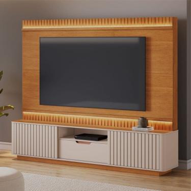 Imagem de Estante Home 2,10m para Tv até 85 Polegadas Detalhes Curvos e Ripados Atena Cinamomo/Off White
