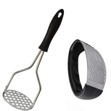 Imagem de Kit Amassador de Batata + Espremedor de Alho Profissional em Aço Inox – Utensílios de Cozinha Resistentes, Fácil Limpeza, Ideal para Purê, Temperos e Receitas Rápidas
