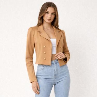 Imagem de Blazer Feminino Casaquinho Cropped Alfaiataria Casaco Social Com Botão
