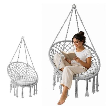 Imagem de Rede Cadeira Balanco Suspensa Algodao Macrame Teto Casa Varanda Quintal Jardim Area Deck Resistente Confortavel Lazer