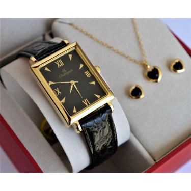 Imagem de Relogio Champion Quadrado Couro Visor Preto Ch20208o + Kit Semi Joia