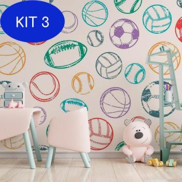 Imagem de Kit 3 Papel De Parede Adesivo Infantil Bolas Esporte Colorido 2,80 - P