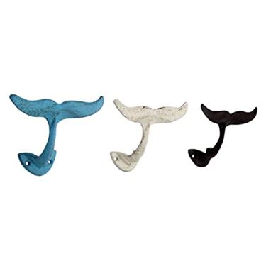 Imagem de Ganchos de parede de cauda de baleia de ferro fundido em azul, cinza e branco, conjunto com 3