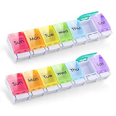 Imagem de Organizador de comprimidos Weekly Pill Artrite Friendly Travel Capa de vitamina para comprimidos de 7 dias com design aberto na mola e estojo de armazenamento grande compartimento para guardar vitaminas, óleo de peixe, suplementos e medicamentos, Multi-color
