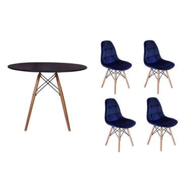 Imagem de Kit Mesa Jantar Eiffel 80cm Preta + 04 Cadeiras Botonê Veludo - Azul M