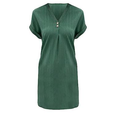 Imagem de Vestidos femininos verão manga casual cor sólida pulôver casual botão vestido vestido botão vestidos, Verde, X-Large