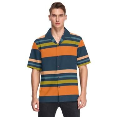 Imagem de GuoChe Camisas masculinas de manga curta com botões e listras laranja azul marinho casual de P a 3XXL, Colorido., 3G