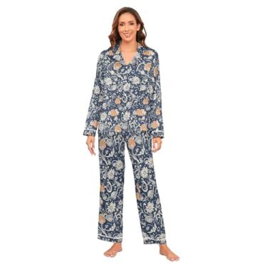 Imagem de KLL Conjunto de pijama de seda com estampa de tinta azul e amarelo vintage conjunto de pijama de noiva de manga comprida macio pijama de festa única pequeno, Estampa vintage de tinta azul, branco e
