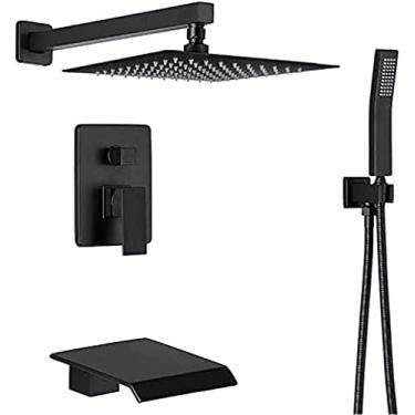 Imagem de Conjunto de torneira misturadora de chuveiro Sistema de chuveiro triplo de 10 polegadas quadradas Chuveiro de chuva Kit completo de chuveiro com bico de banheira em cascata - Níquel escovado