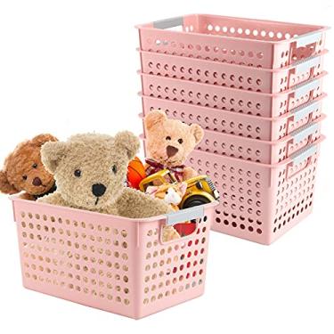 Imagem de ZOENHOU – Pacote com 7 cestas de plástico rosa de 27 x 19 x 14 cm, recipientes de plástico empilháveis e resistentes decorativos, com alças, cesta de organização de tecelagem para cozinha, quarto de crianças, escritório