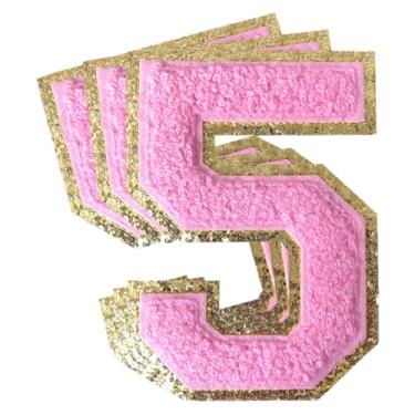Imagem de 3 peças de remendos de número de chenille rosa glitter ferro em remendos de letras Varsity Remendos bordados de chenille costurar em remendos para roupas chapéu bolsas jaquetas camisa (rosa, 5)