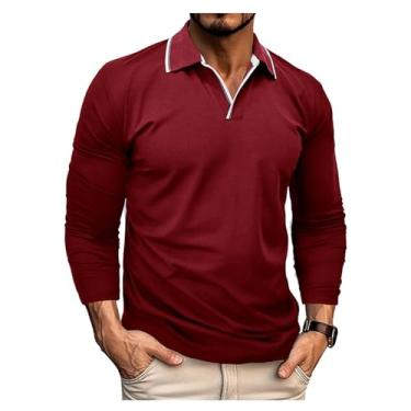 Imagem de Camisa polo masculina cintura reta cor sólida gola V gola V pulôver, Vinho tinto, XXG