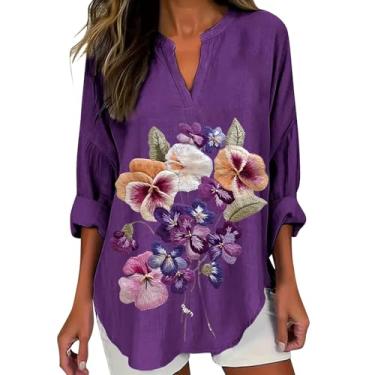 Imagem de Camiseta feminina de conscientização de Alzheimers, de linho, manga enrolada, gola V, blusa com estampa de flores roxas, Roxa, P