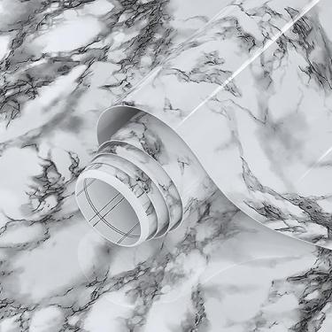 Imagem de Papel de parede de mármore brilhante 39.9 cm x 500.4 cm papel de contato de mármore preto branco descasque e cole removível impermeável papel de parede autoadesivo vinil cobertura de parede para