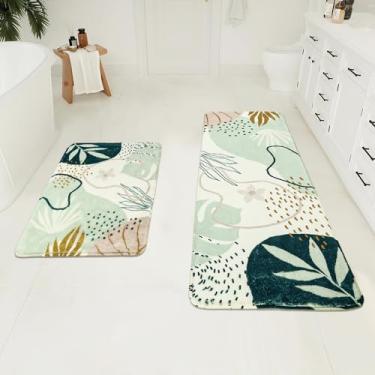 Imagem de Uphome Conjunto de tapetes de banheiro de 2 peças, lindo caminho de banheiro com planta verde, antiderrapante lavável, conjunto de tapetes de banheiro abstratos de veludo macio, tapete de banheiro